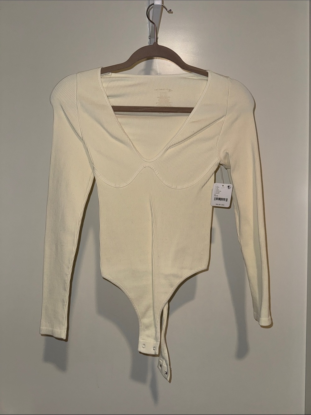 Free People Ribbed Long-Sleeve V-Neck Bodysuit in Cream